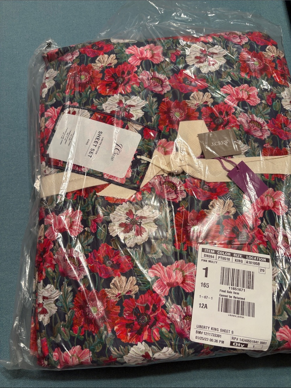 J. Crew Floral King Sheet Set in Red, Pink, Cream on Black King